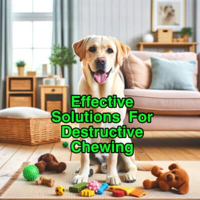 Trained Labrador Retriever sitting peacefully in a tidy living room, surrounded by various dog toys, representing successful management of destructive chewing behavior.