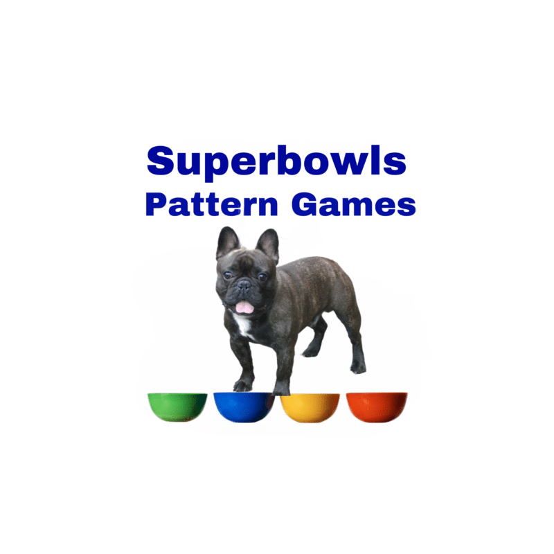 A French Bulldog sitting in front of four colorful bowls on the ground with 'Superbowls Pattern Games' text above.