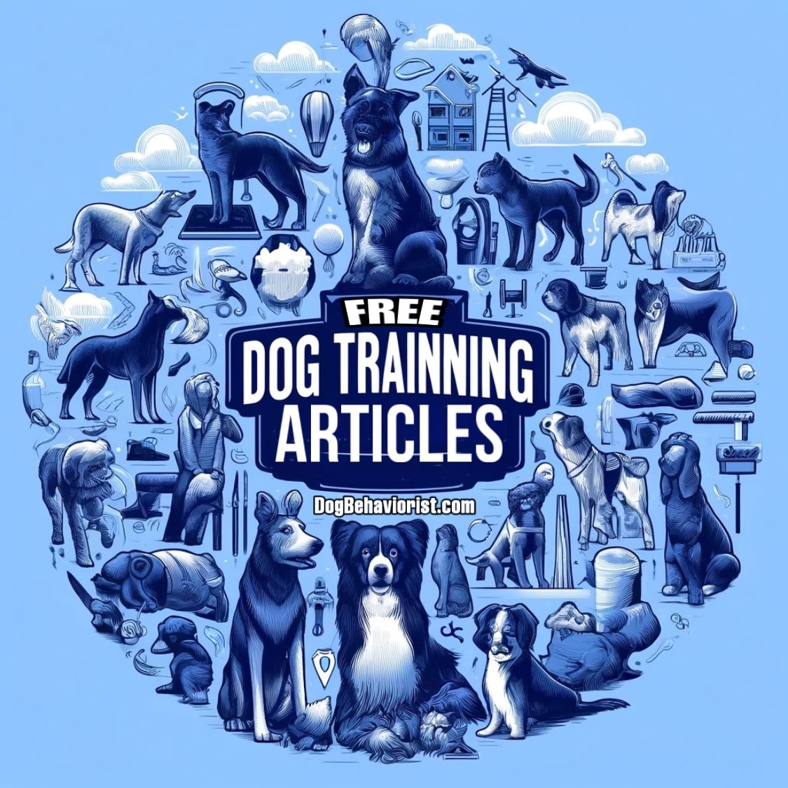 Featured image of Free Dog Training Articles' showcasing a montage of various dog breeds engaging in different training activities against a blue background.